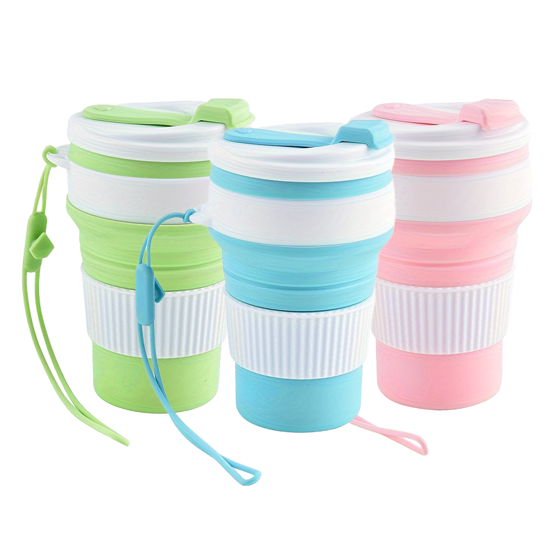Water Bottle Collapsible - 折りたたみ式シリコン製トラベルカップ、蓋とストラップ付きの再利用可能な折りたたみ式ウォーターカップ、キャンプ用ポータブル軽量ドリンクマグ
