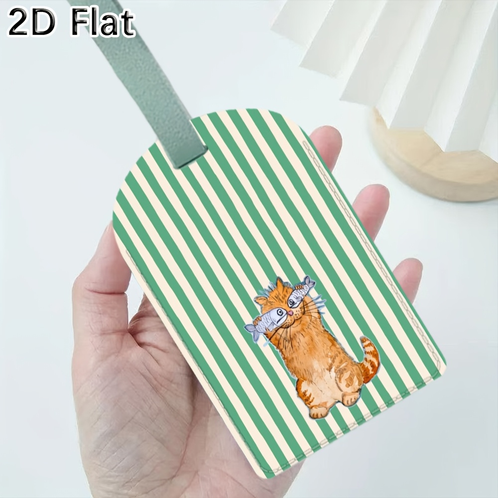 Luggage Tag Leather - かわいい猫と緑のストライプ柄の荷物タグ、スーツケース用ストラップ付き旅行荷物識別ラベル、旅行用品