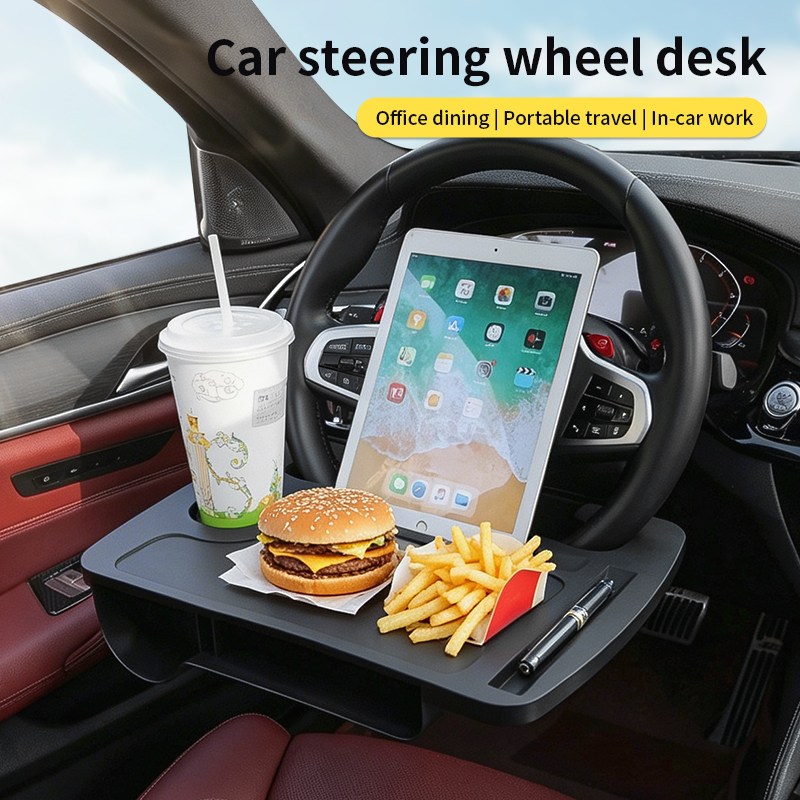 Travel Accessories In Car - 2-IN-1 車用ステアリングホイールテーブルトレイ、多目的ラップトップワークデスク、フードコーヒーカップホルダー、自動車内装旅行用アクセサリー