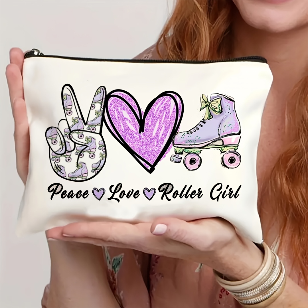 Travel Accessories Girls - 1個入り ピース、ラブ＆ローラースケートガール レトロデザイン 多機能トラベルメイクアップバッグ、スナック収納バッグ、文房具収納バッグ、ファッショントイレタリーバッグ、キャンバス両面プリントジッパーポーチ