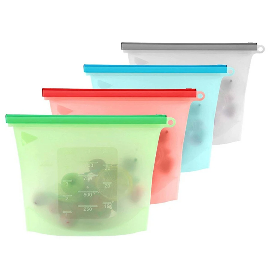 Reusable Zip Bag - 1000ml 再利用可能なシリコン食品グレード保存袋 ジップシール ランチ サンドイッチ スナック