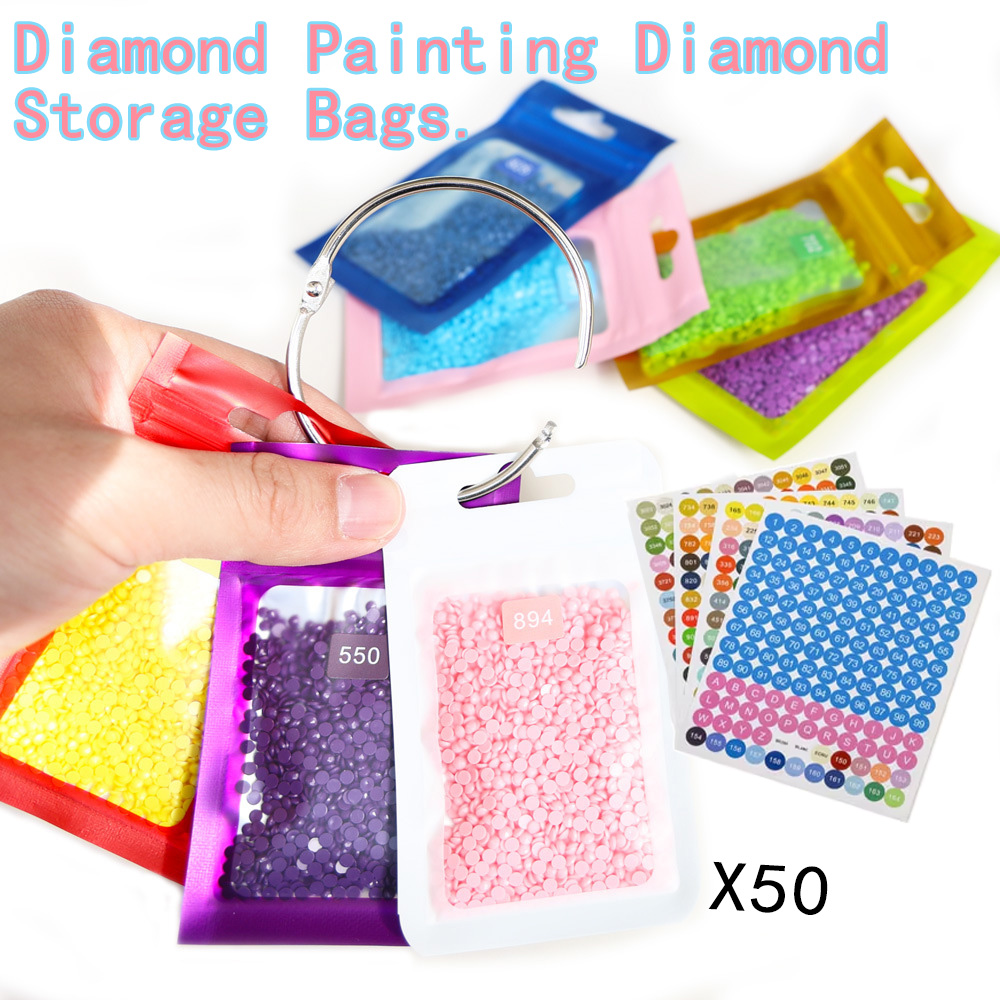 Reusable Zip Bag - ダイヤモンドペインティングビーズ収納バッグ50個（ラベル付き）、DIYラインストーンアートクラフトアクセサリーオーガナイザー用再利用可能なジップバッグ