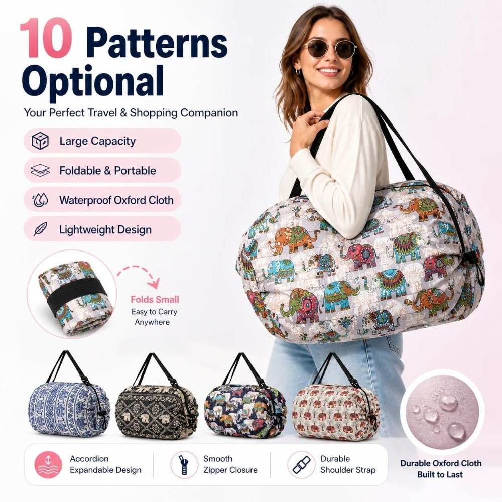 Travel Accessories Market - 軽量大容量ショッピングバッグ、ハンドル付き、防水トラベルハンドバッグ、象柄プリント、ポータブルビーチバッグ、マーケットショッピング用