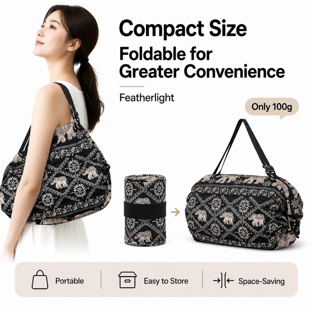 Travel Accessories Market - 日本製大容量ショッピングバッグ、ハンドル付き、防水、折りたたみ式収納バッグ、象柄、旅行用ハンドバッグ、マーケットショッピング用