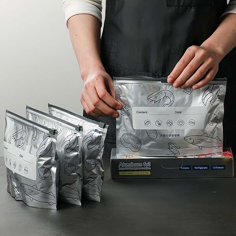 Reusable Zip Bag - 10 ピース/バッグ大容量アルミ箔食品袋漏れ防止冷凍庫シーラーキッチンフレッシュバッグ鮮度保持再利用可能なジップロックバッグ