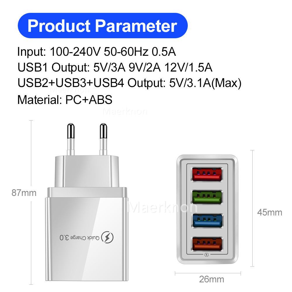 Travel Accessories Inc - 4 USB 高速充電ヘッド EU/US 標準アダプター トラベル充電器