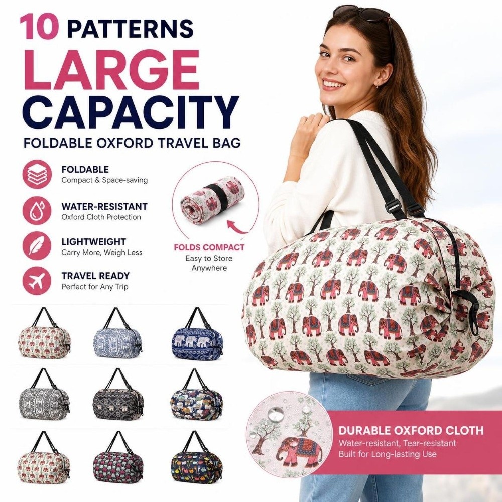 Travel Accessories Market - 耐久性のある大容量ショッピングバッグ、ハンドル付き、防水トラベルハンドバッグ、象柄プリント、折りたたみ式収納バッグ、マーケットショッピング用