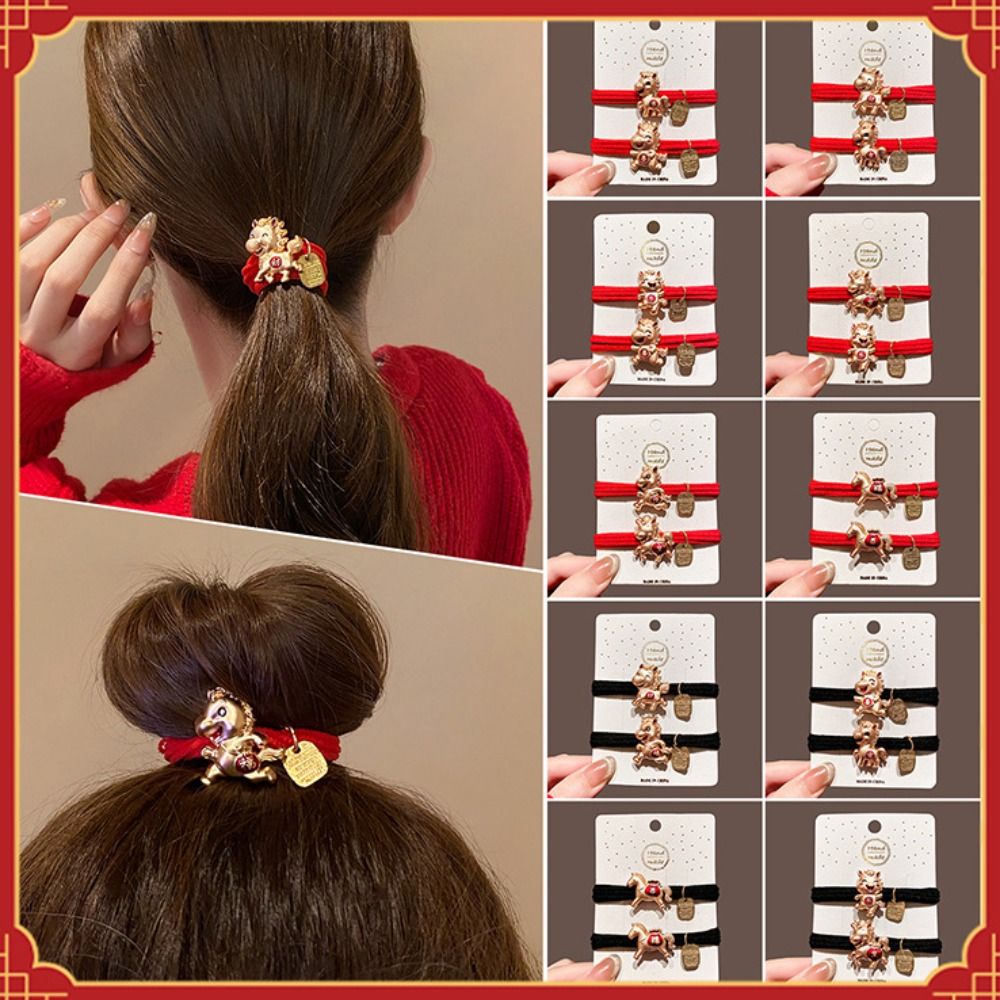 Travel Accessories Girls - ファッションレッドロープ新年赤いヘアロープ合金2026年馬年ゴムバンドヘアアクセサリー中国風新年ヘッドウェア女の子用
