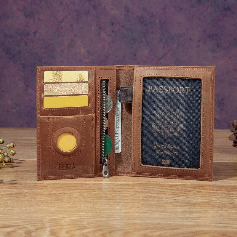 Travel Accessories Passport Holder - おしゃれなユニセックス マッドホースレザー パスポートホルダー 多機能 RFIDウォレット ドキュメントオーガナイザー