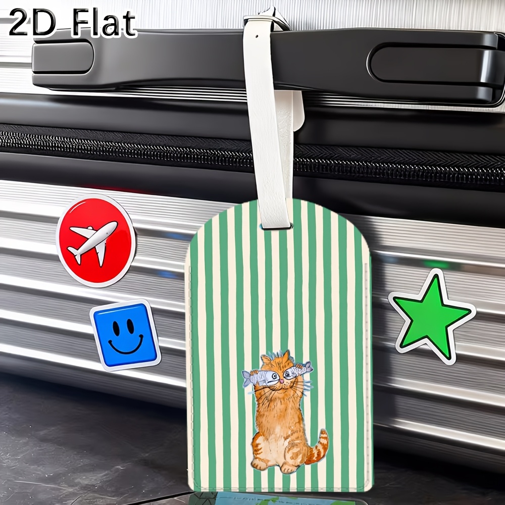 かわいい猫と緑のストライプ柄の荷物タグ、スーツケース用ストラ - Luggage Tag Leather のレビューと価格
