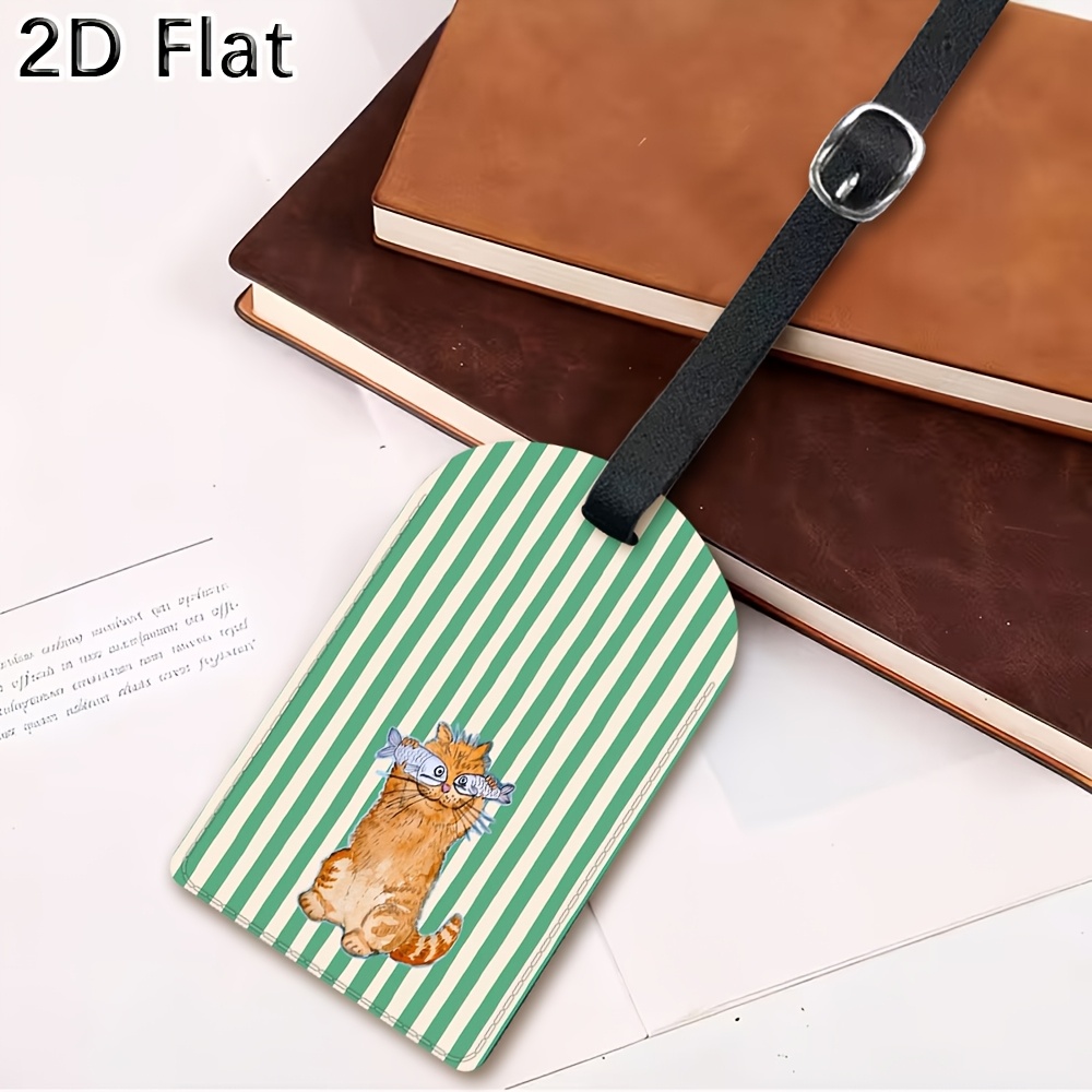 かわいい猫と緑のストライプ柄の荷物タグ、スーツケース用ストラ - Luggage Tag Leather のレビューと価格